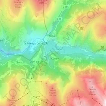 Topografische kaart Mizoën, hoogte, reliëf