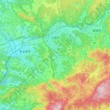Topografische kaart 土岐市, hoogte, reliëf