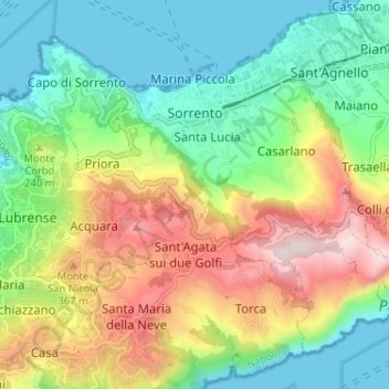 Topografische kaart Sorrento, hoogte, reliëf