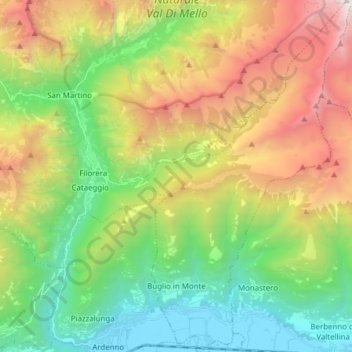 Topografische kaart Buglio in Monte, hoogte, reliëf