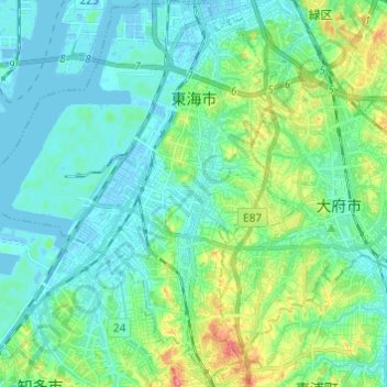 Topografische kaart 東海市, hoogte, reliëf
