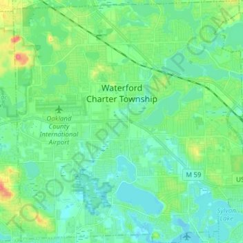 Topografische kaart Waterford Township, hoogte, reliëf