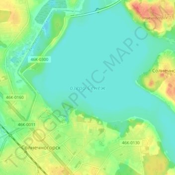 Topografische kaart озеро Сенеж, hoogte, reliëf