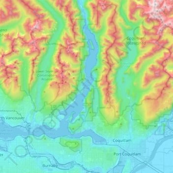 Topografische kaart Burrard Inlet, hoogte, reliëf