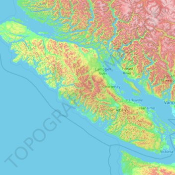 Topografische kaart Vancouver Island, hoogte, reliëf