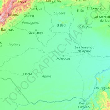 Topografische kaart Río Apure, hoogte, reliëf