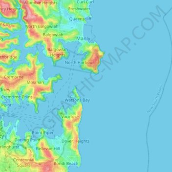 Topografische kaart Sydney Harbour National Park, hoogte, reliëf