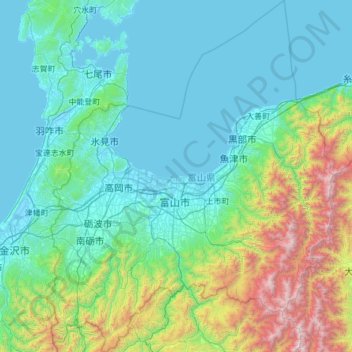 Topografische kaart 富山県, hoogte, reliëf