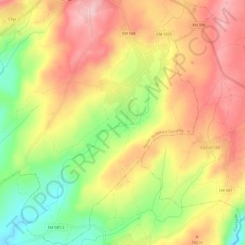 Topografische kaart Coruche, hoogte, reliëf
