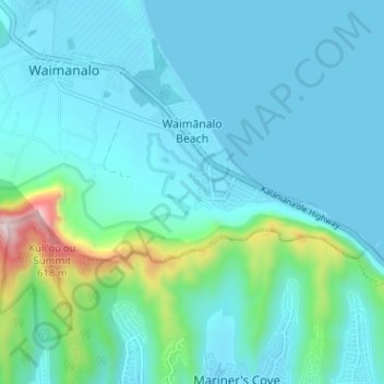 Topografische kaart Waimanalo Beach, hoogte, reliëf