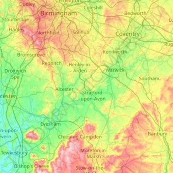 Topografische kaart Worcestershire (detached), hoogte, reliëf