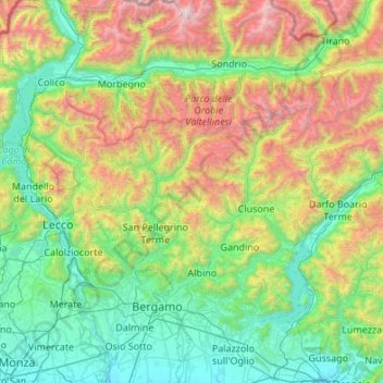 Topografische kaart Bergamasque Alps and Prealps, hoogte, reliëf