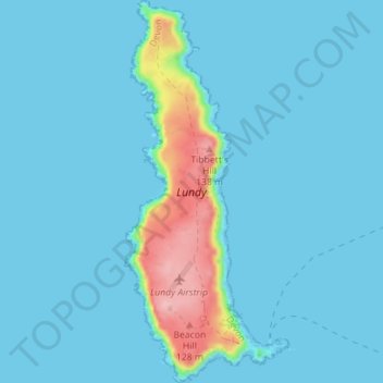 Topografische kaart Lundy, hoogte, reliëf