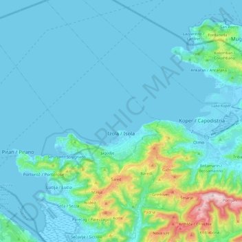 Topografische kaart Izola / Isola, hoogte, reliëf