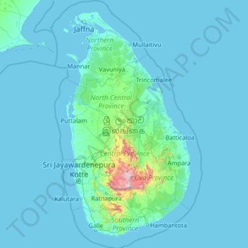 Topografische kaart Sri Lanka, hoogte, reliëf