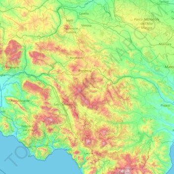 Topografische kaart Potenza, hoogte, reliëf