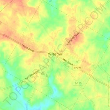 Topografische kaart Williston, hoogte, reliëf