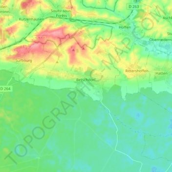 Topografische kaart Betschdorf, hoogte, reliëf