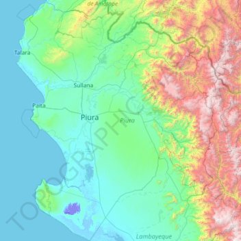 Topografische kaart Piura, hoogte, reliëf