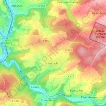 Topografische kaart Kubach, hoogte, reliëf