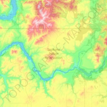 Topografische kaart Spokane Indian Reservation, hoogte, reliëf