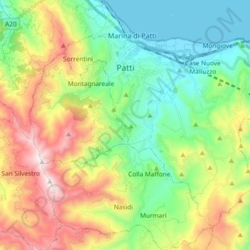 Topografische kaart Patti, hoogte, reliëf