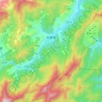Topografische kaart 水磨镇, hoogte, reliëf