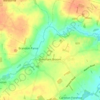 Topografische kaart Barnham Broom, hoogte, reliëf