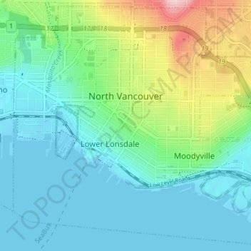 Topografische kaart North Vancouver, hoogte, reliëf