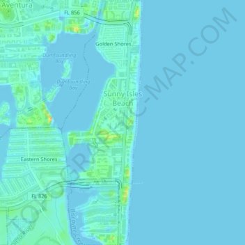 Topografische kaart Sunny Isles Beach, hoogte, reliëf