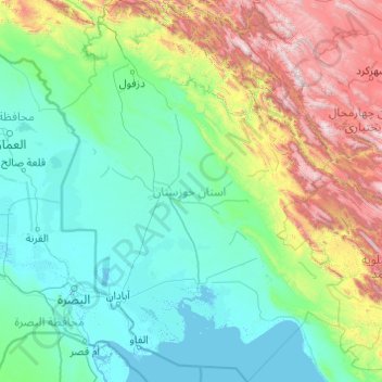 Topografische kaart Khuzestan Province, hoogte, reliëf