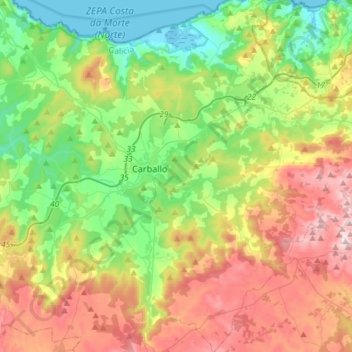 Topografische kaart Carballo, hoogte, reliëf