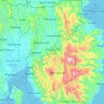 Topografische kaart Davao de Oro, hoogte, reliëf