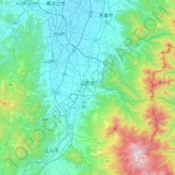 Topografische kaart Yamagata, hoogte, reliëf
