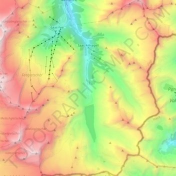 Topografische kaart Saas-Almagell, hoogte, reliëf