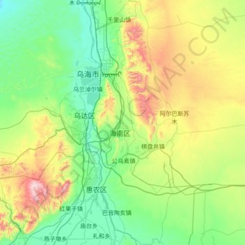Topografische kaart 乌海市, hoogte, reliëf