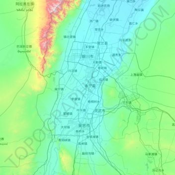 Topografische kaart 银川市, hoogte, reliëf