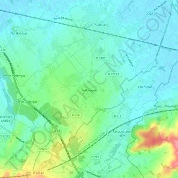 Topografische kaart Zutkerque, hoogte, reliëf