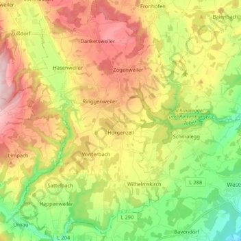Topografische kaart Horgenzell, hoogte, reliëf