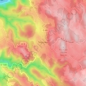 Topografische kaart Teyssieu, hoogte, reliëf