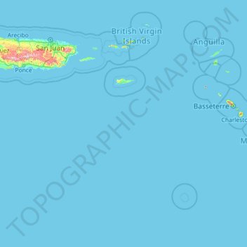 Topografische kaart Leeward Islands, hoogte, reliëf