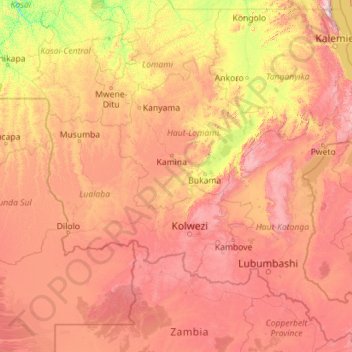 Topografische kaart Katanga, hoogte, reliëf