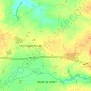 Topografische kaart North Tuddenham, hoogte, reliëf