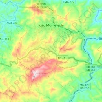 Topografische kaart João Monlevade, hoogte, reliëf