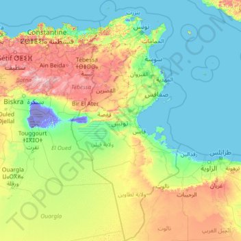 Topografische kaart Tunesië, hoogte, reliëf