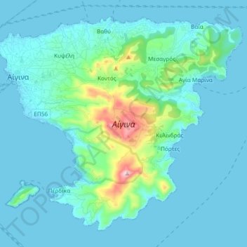 Topografische kaart Aegina, hoogte, reliëf
