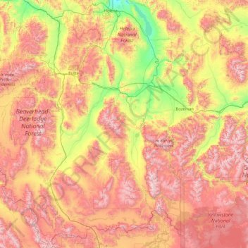 Topografische kaart Beaverhead-Deerlodge National Forest, hoogte, reliëf