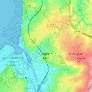 Topografische kaart Boulogne-sur-Mer, hoogte, reliëf