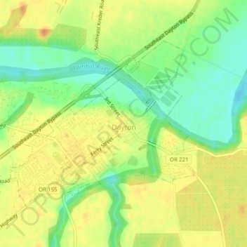 Topografische kaart Dayton, hoogte, reliëf