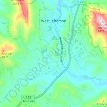 Topografische kaart West Jefferson, hoogte, reliëf